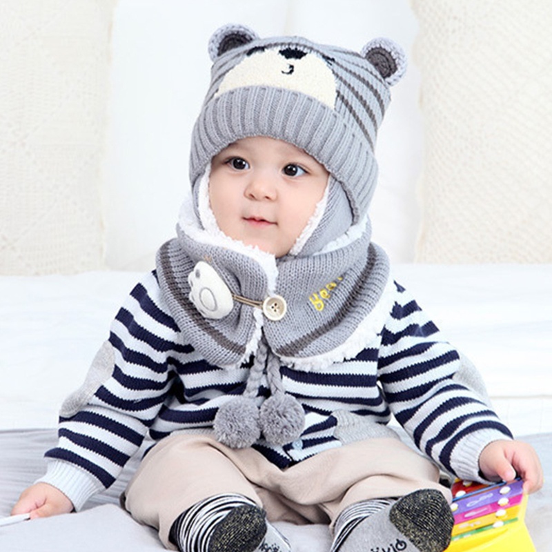 Set 2 Mũ Dệt Kim Mềm Giữ Ấm Mùa Thu Đông In Họa Tiết Gấu Dễ Thương Cho Bé Trai + Gái