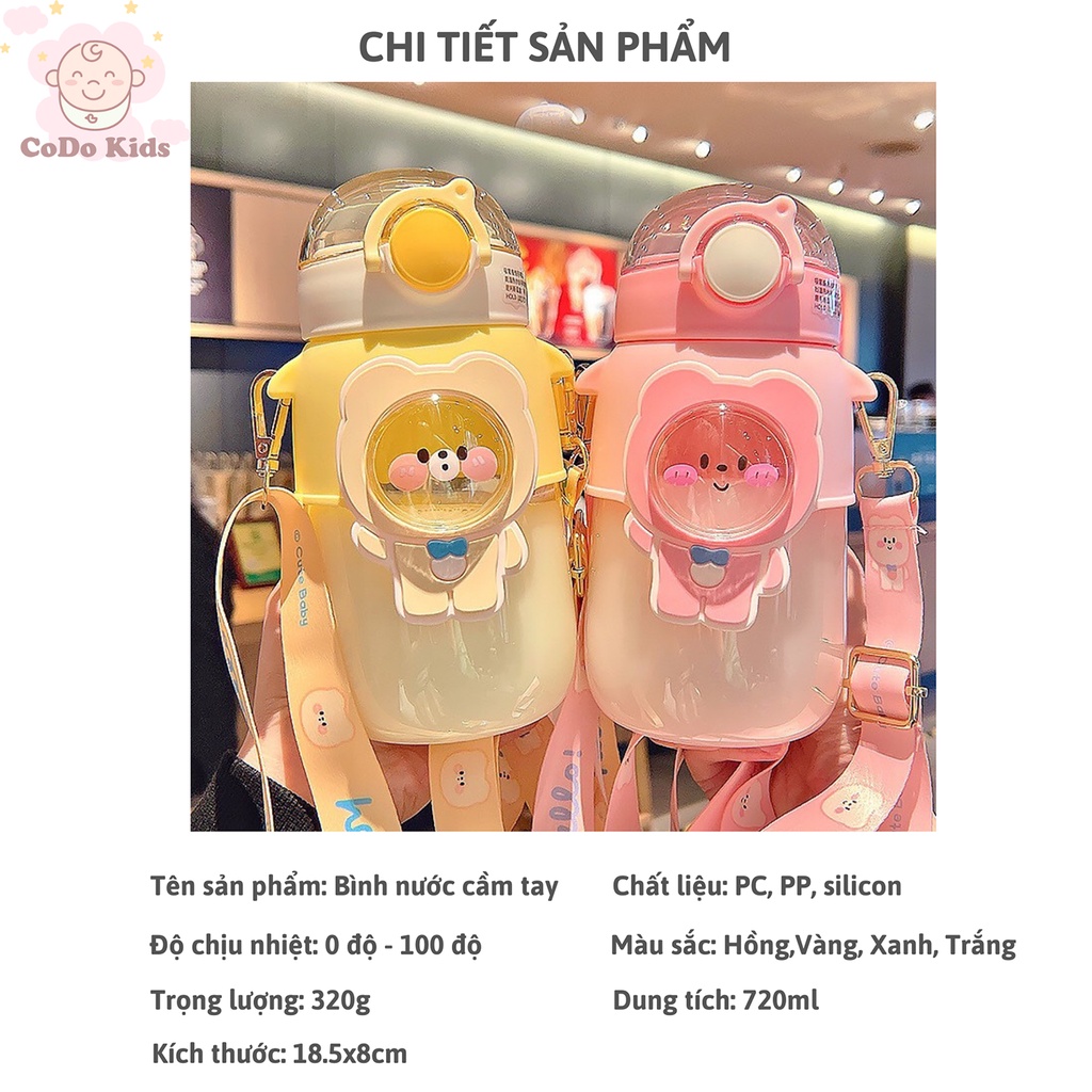 Bình Nước Cho Bé Đi Học Có Ống Hút, Bình Nước Cho Bé Cute 720ml, Bình Đựng Nước Cho Bé Hình Gấu