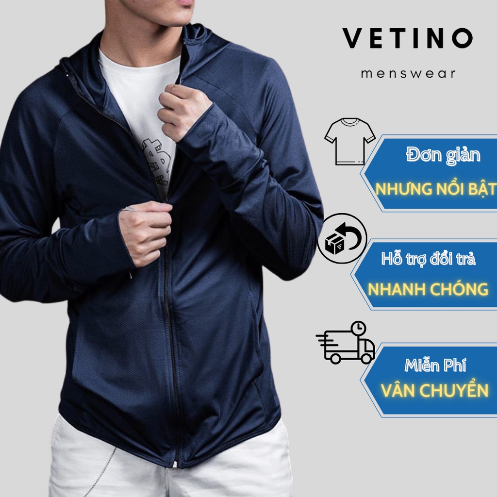 Áo chống nắng nam VETINO chất vải thông hơi có mũ trùm, áo khoác nắng với 3 màu chủ đạo