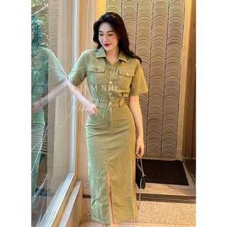 VN866 - VÁY NHUNG TĂM CỔ SƠ MI MÀU BE 2 TÚI NGỰC