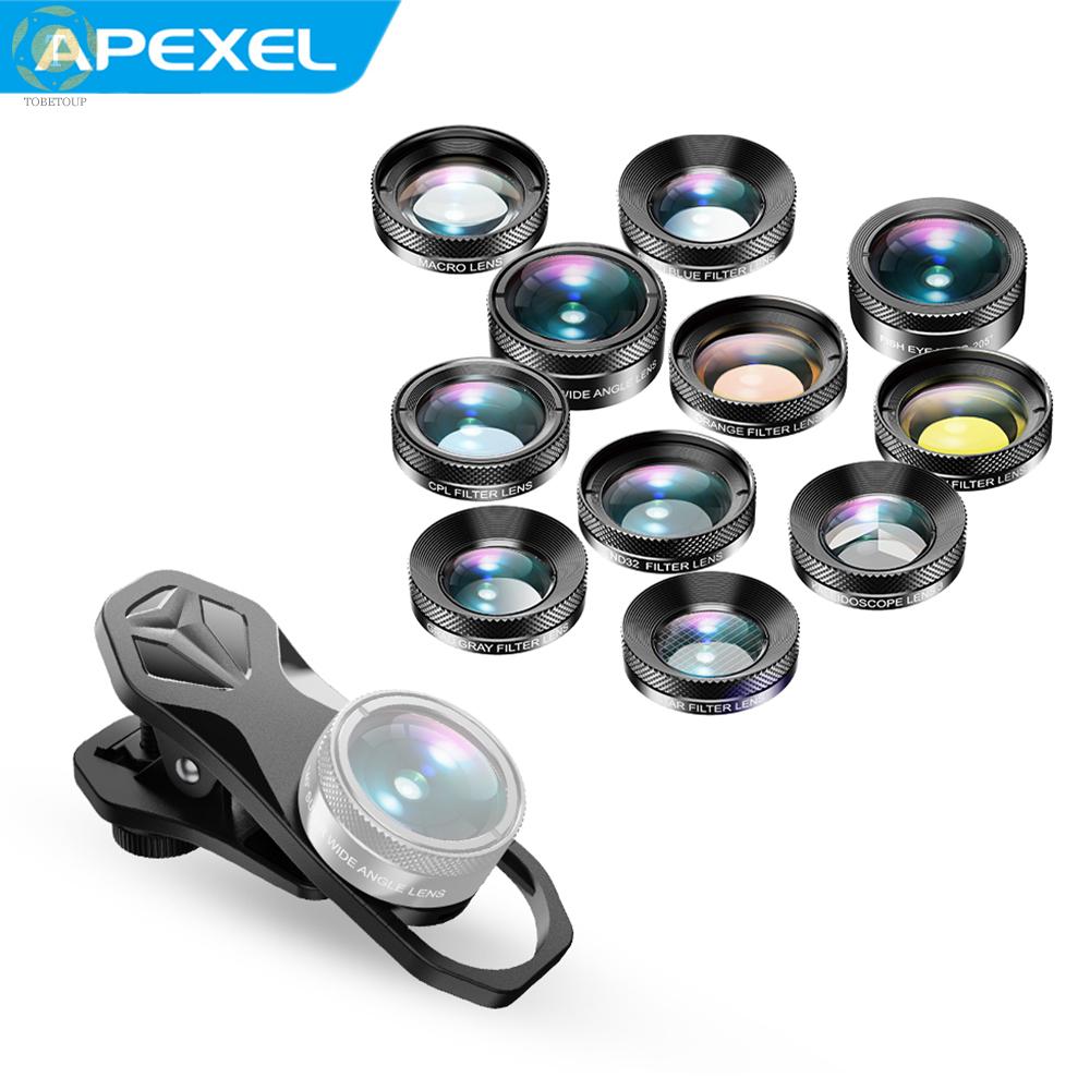 Shipped within 12 hours】 APEXEL APL-DG11 Universal Professional HD Phone Camera Lens Kit 11in1 Micro Lens 140° Wide Angle Lens 205° Fisheye Lens Kaleidoscope Lens Grad Color & Full Color Filters ND32 CPL Star Filters Compatible with iPhone 11/XR/XS  [TO]