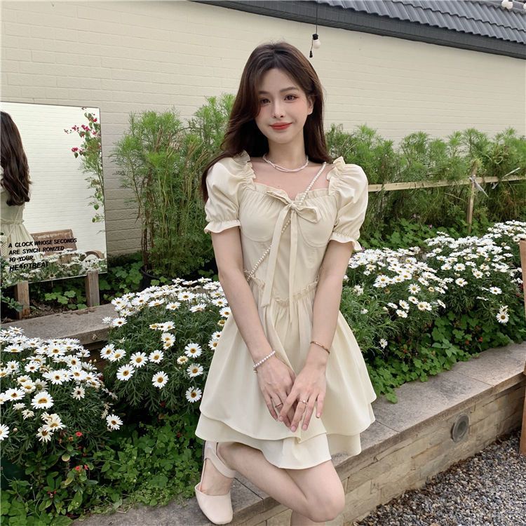 🎀váy babydoll Đầm Dáng Chữ A Cổ Vuông Tay Phồng Cột Dây Eo Thời Trang Xuân Hè Phong Cách Mới Cho Nữ