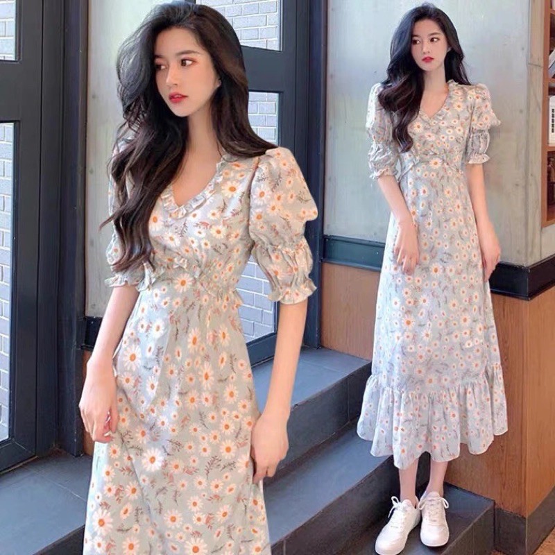 Váy hoa nhí cổ V  tay lỡ đuôi cá dáng dài màu xanh meit  nhẹ nhàng -Co Sẵn - ulzzang loại 1  -tiểu thư kèm ảnh thật