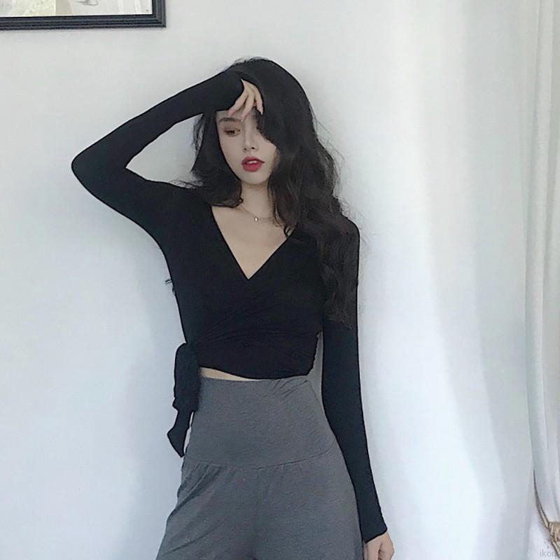 Áo croptop cổ V tay dài trơn màu quyến rũ cho nữ