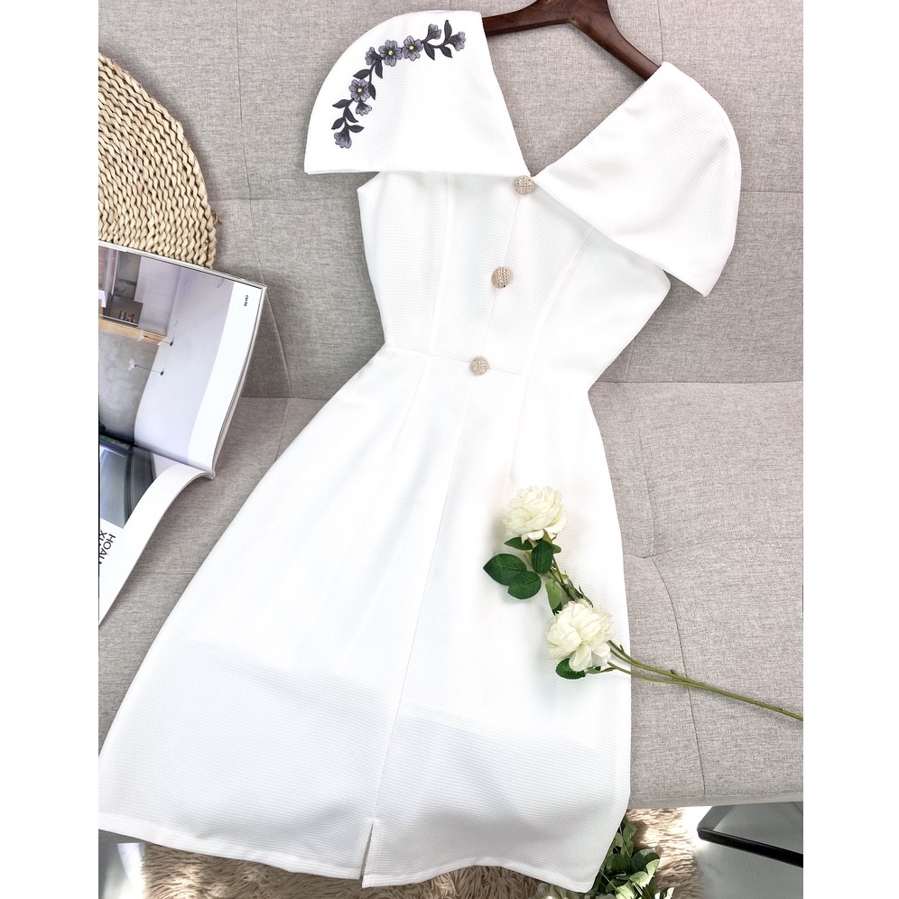 Đầm trắng dự tiệc sang trọng dáng dài thanh lịch đẹp thiết kế cao cấp chữ a cổ v tay áo choàng - Lux W Fashion