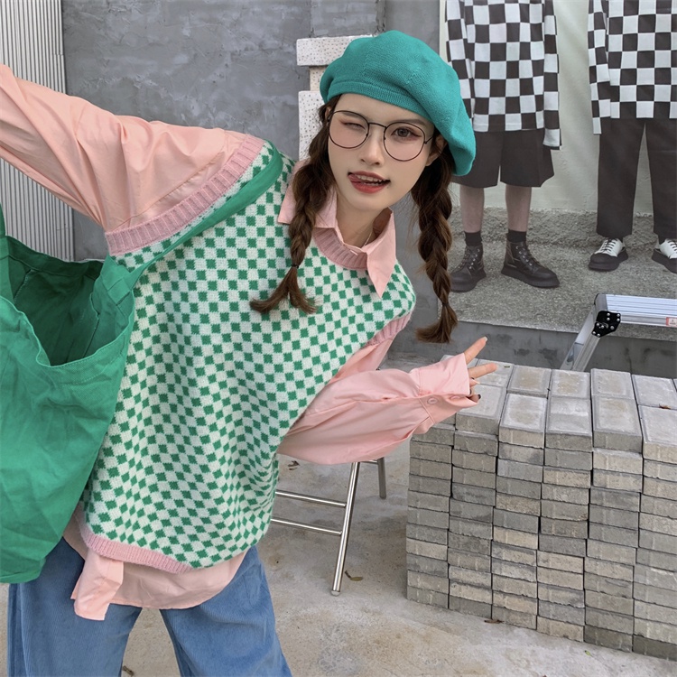 Áo len không tay họa tiết sọc caro phong cách Hàn quốc