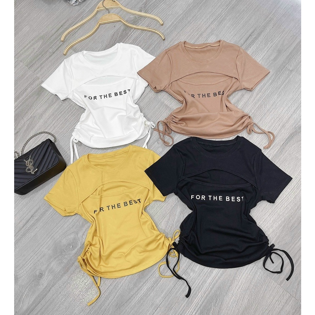 Áo thun croptop cổ tròn khoét ngực dây rút 2 bên