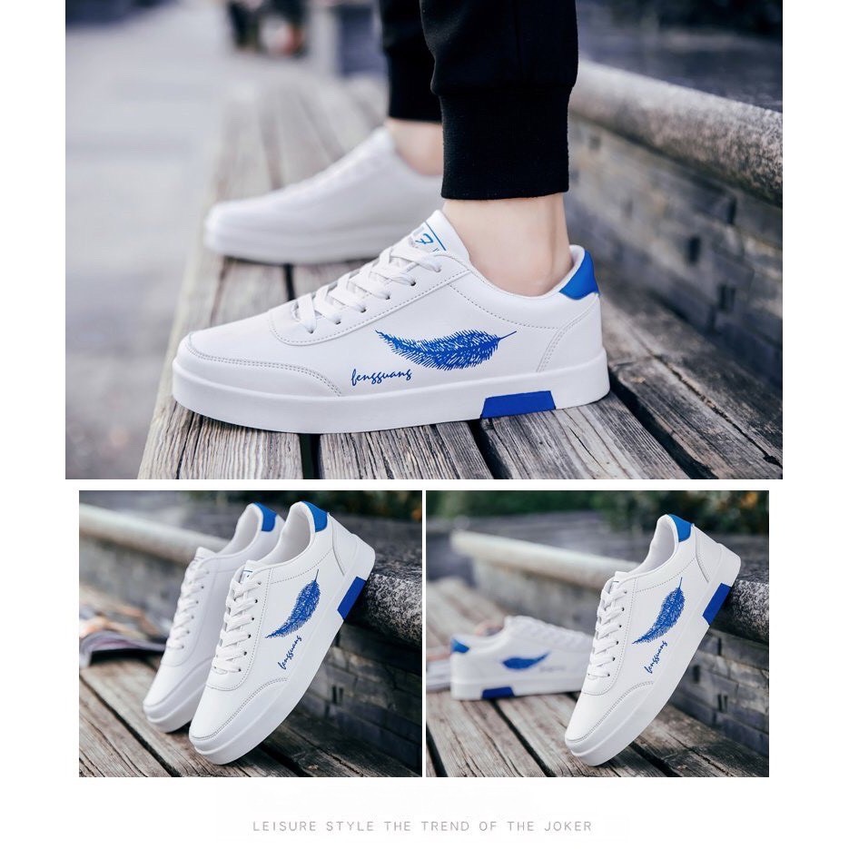 Giày Nam màu trắng thêu họa tiết lông vũ xanh - Giày thể thao nam trẻ trung, năng động, phong cách Hàn Quốc