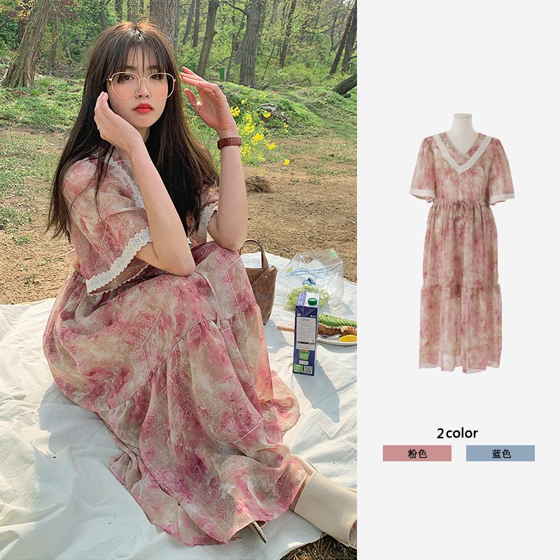 Váy voan hoa loang cổ V phối ren dáng babydoll eo rút dây style Hàn Quốc (Order)