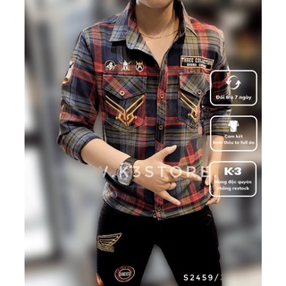 Áo sơ mi nam tay dài sọc caro xanh đỏ thêu logo chiến binh la mã sơ mi caro thêu full áo chính hãng K3 STORE s2459