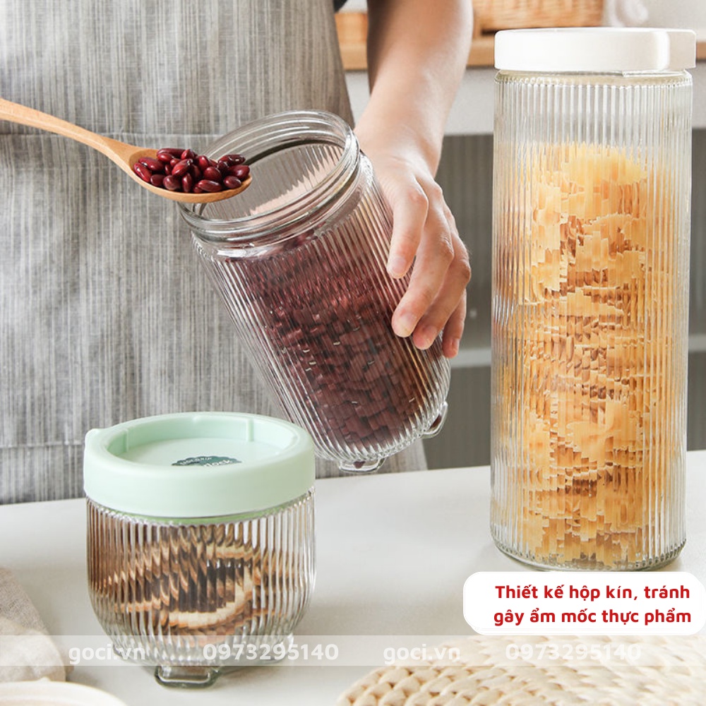Lọ thủy tinh đựng thực phẩm vân sọc nắp kín hũ gia vị đồ khô nhà bếp chống ẩm mốc bảo quản nguyên liệu đồ ăn cao cấp
