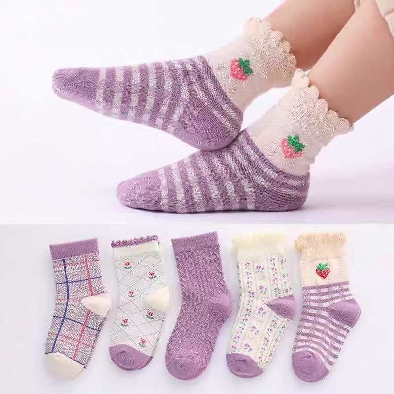 Bộ 5 đôi vớ cotton mềm mại dày dặn giữ ấm vào mùa đông thiết kế kiểu công chúa xinh xắn dành cho bé từ 0-12 tuổi