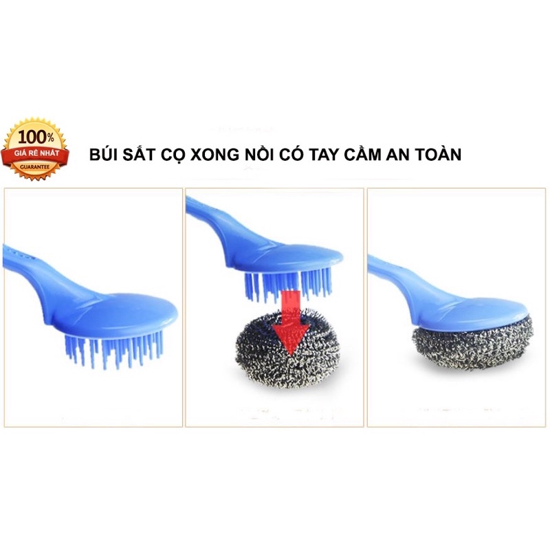 Búi sắt cọ xong nồi-CÓ TAY CẦM AN TOÀN  HƠN- Inox Không Rỉ - 1 TAY CẦM 2 BÔNG CỌ