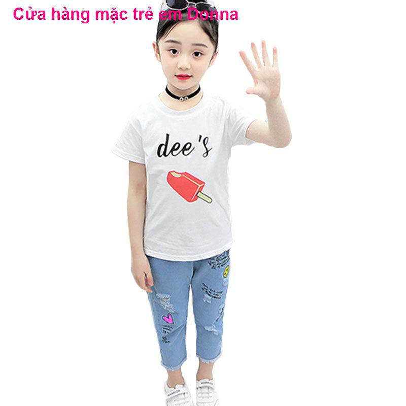 cotton mùa hè ngắn tay phù hợp với quần denim 5 cô gái 6 áo trẻ em lớn 7 hai mảnh 4-15 tuổi 8bộ bé traibộ thu đôn