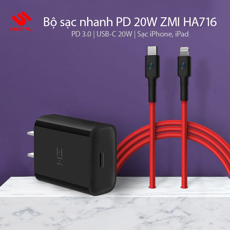 Bộ sạc nhanh PD 20W ZMI, Chuẩn MFi, Hỗ trợ sạc iPhone 13 / 12 / 11 / X / 8, iPad, iPod