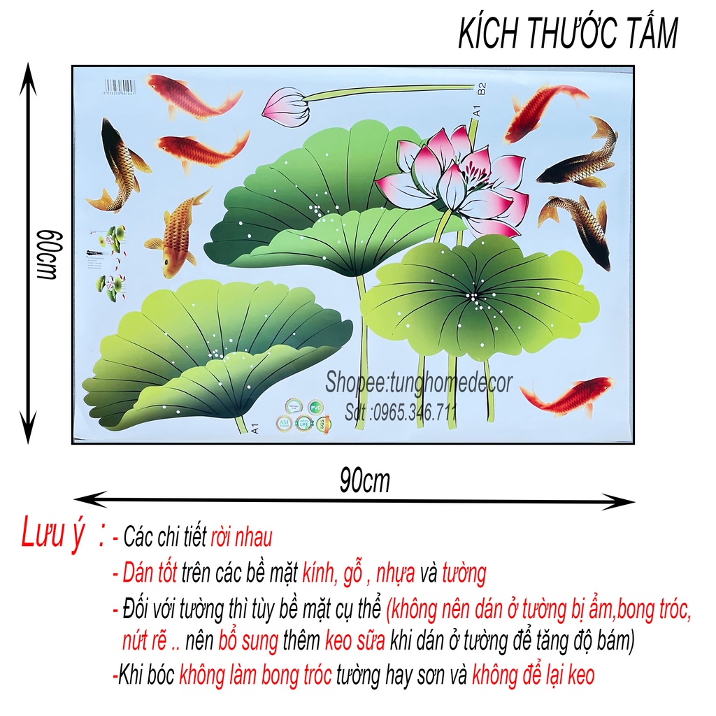 Decal dán tường hàn quốc trang trí phòng ngủ TUNG DECOR Hình Lá Hoa Sen KT 60x90cm