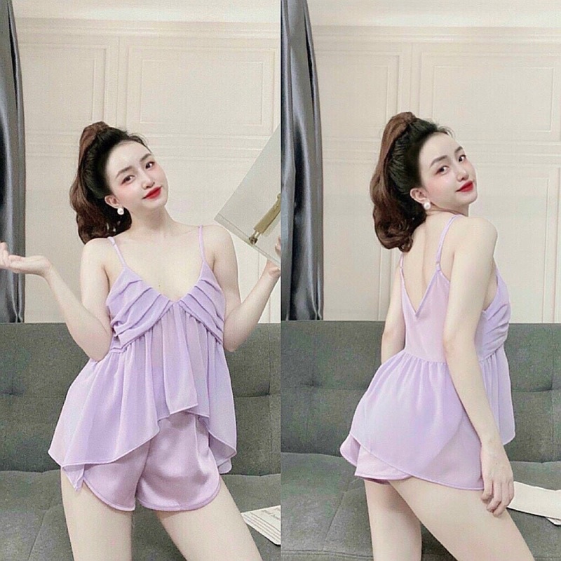 Đồ bộ ngủ sexy ao voan xếp ly quần satin cao cấp | BigBuy360 - bigbuy360.vn