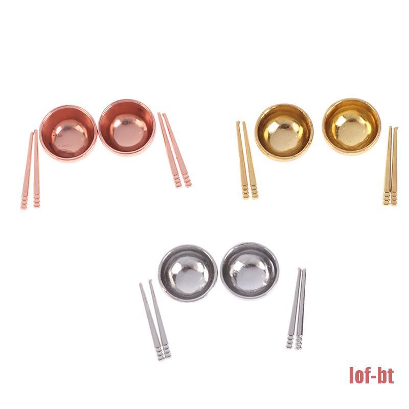 1 Bộ Chén Đũa Mini Màu Vàng / Bạc Trang Trí Nhà Búp Bê