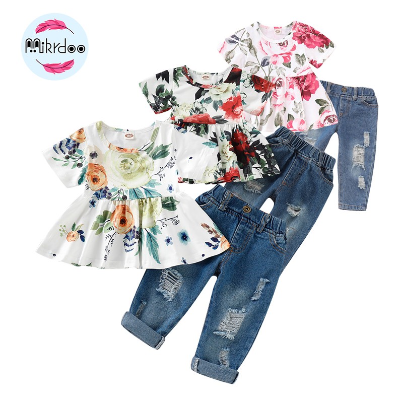Set đồ MIKRDOO gồm áo tay ngắn/dài in hoa + quần denim đáng yêu cho bé gái (tự chọn)