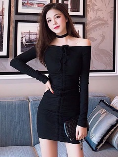 Đầm body váy body trễ vai dài tay mặc 2 kiểu rút dây chất đẹp