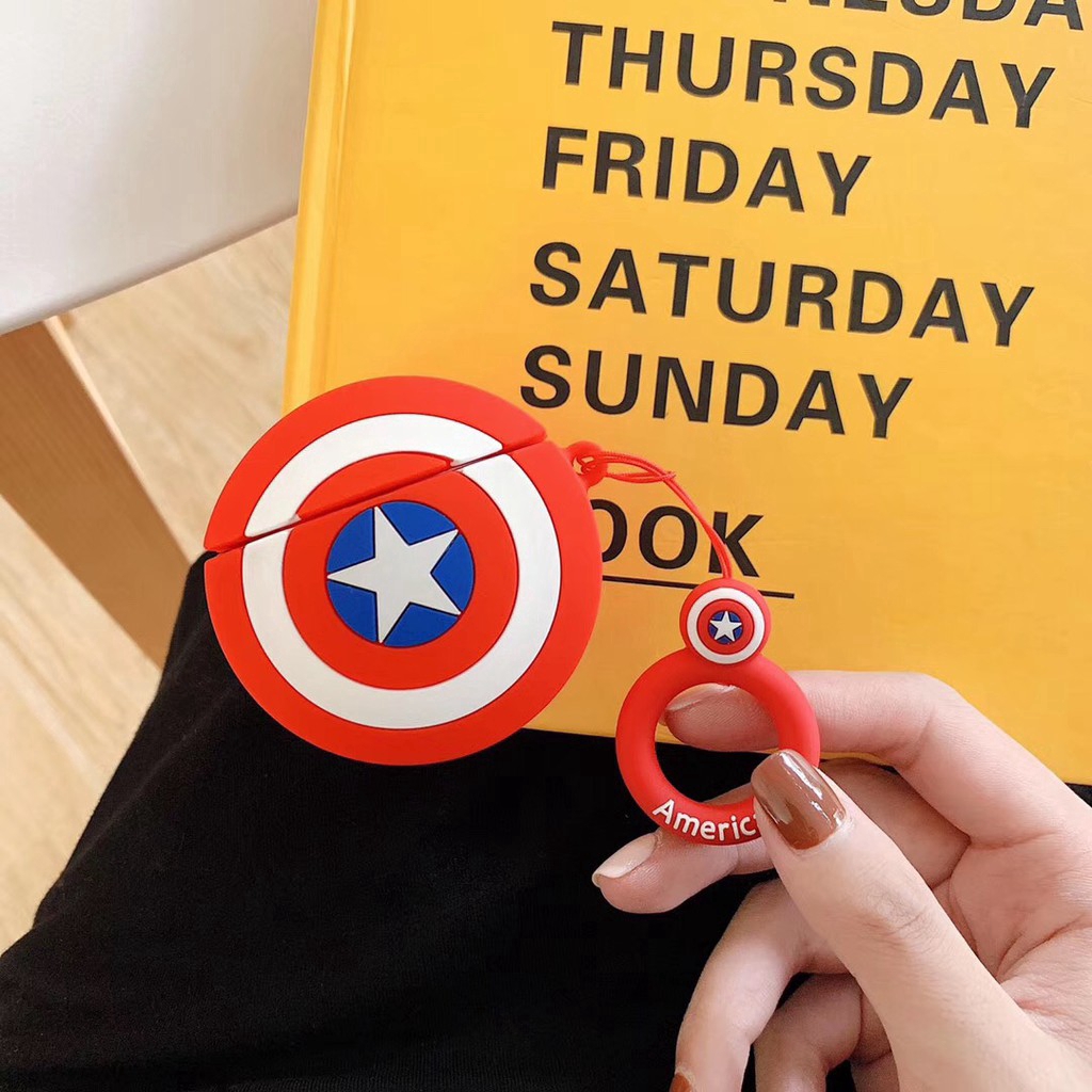 Vỏ bọc silicon bảo vệ hộp tai nghe in biểu tượng khiên của Captain America/Batman cho Apple Airpod 1 2