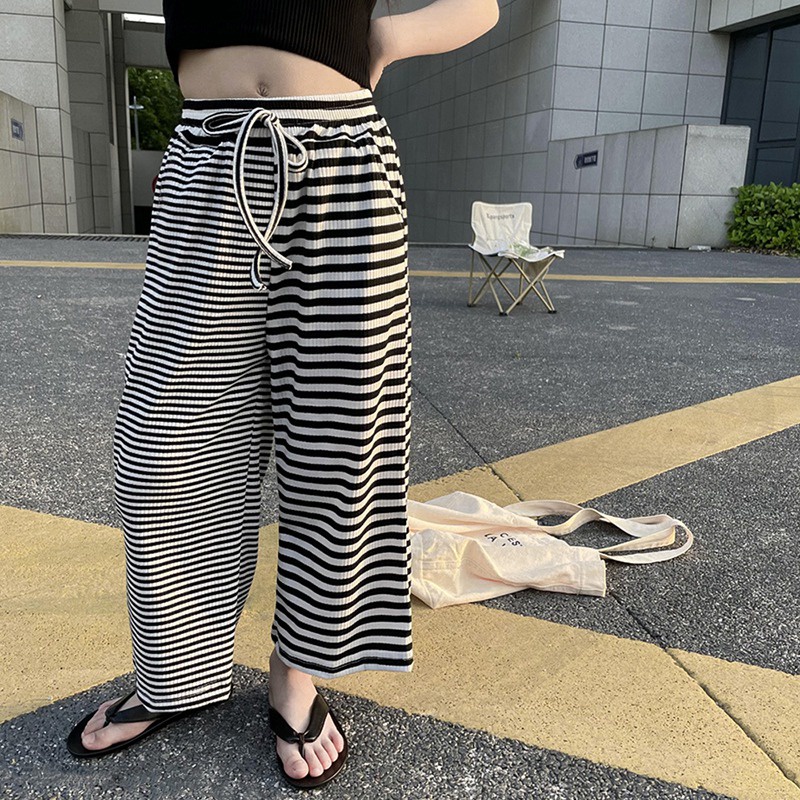 Quần Dài Lưng Thun Dáng Rộng Họa Tiết Kẻ Sọc Thời Trang Mùa Hè Phong Cách Hàn Quốc Cho Bé Gái
