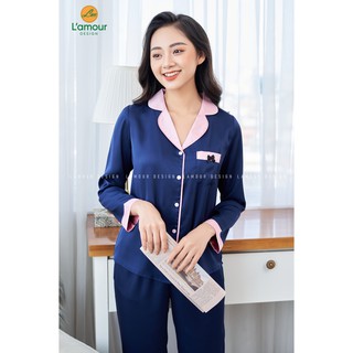 Bộ lụa xanh than cổ hồng - dài tay