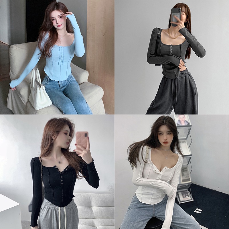 Áo thun ôm tay dài màu sắc đơn giản cho nữ
