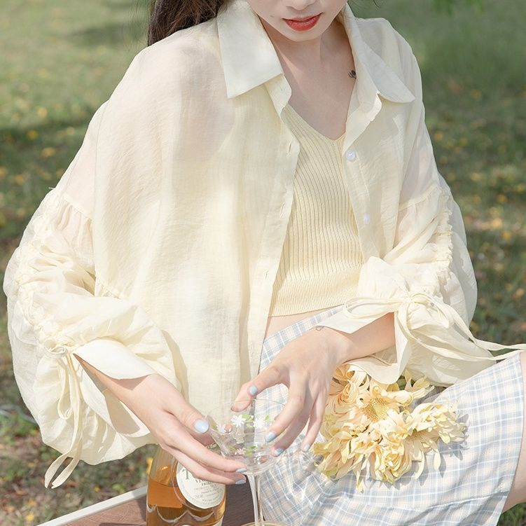 Áo Sơ Mi Chiffon Mỏng Dáng Rộng Tay Dài Màu Vàng Cho Nữ