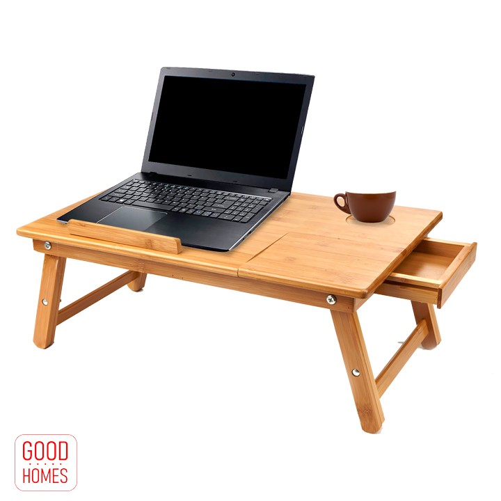 Bàn kê laptop gỗ tre - bàn laptop gấp gọn đa năng - mặt bàn nghiêng 5 cấp độ, có ngăn kéo [TABLIX-01]