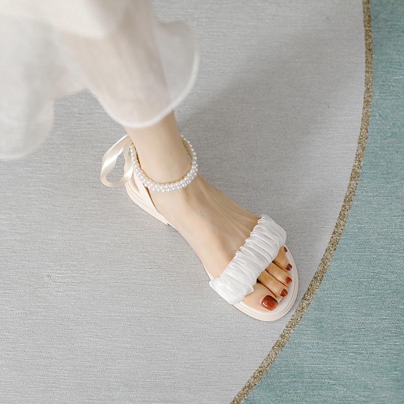Sandal Hở Ngón Đế Bằng Thiết Kế Mới Đính Nơ Ngọc Trai Xinh Xắn Thời Trang Mùa Hè Dành Cho Nữ