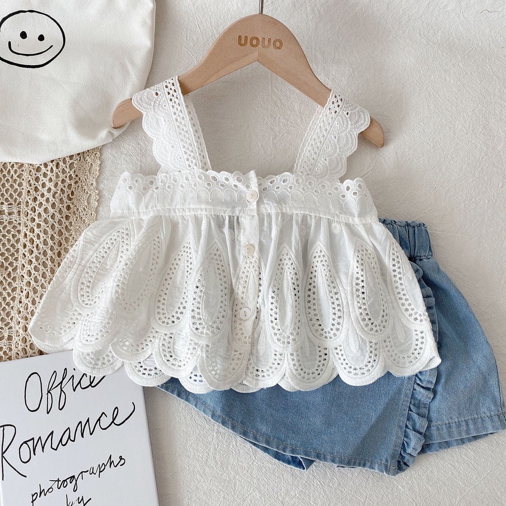 Set áo 2 dây quần short bò cho bé gái mùa hè đi biển