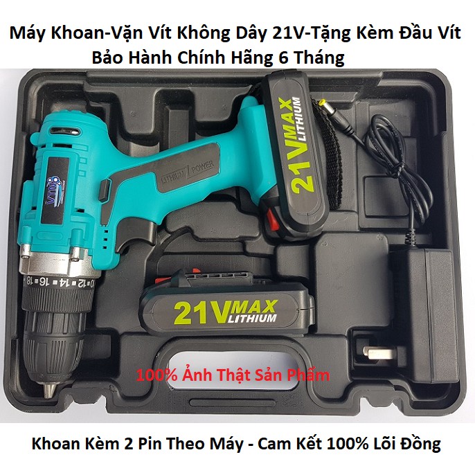 Máy Khoan Pin Bắt Vít VTN 21V Lõi Đồng 2 Pin  - Khoan , Sắt, Gỗ, Bắn Vít Tặng Kèm Đầu Tháo Vít Bảo Hành 6 Tháng