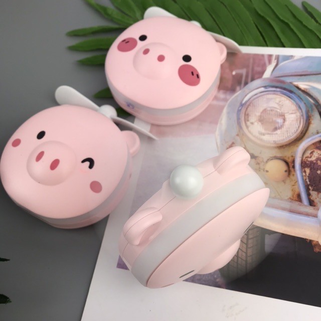 Quạt mini tích điện hình con lợn cute màu hồng , Có Gương , Đèn , 3 trong 1 !!