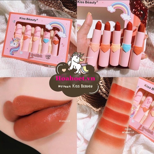 Full Set 5 Cây Son Kiss Beauty Vỏ Hồng con ngựa Unicorn Colors HH- SN11
