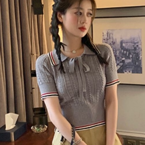 Áo Thun polo Dệt Kim Tay Ngắn Dáng Ôm Phong Cách Hàn Quốc Thời Trang Cho Nữ