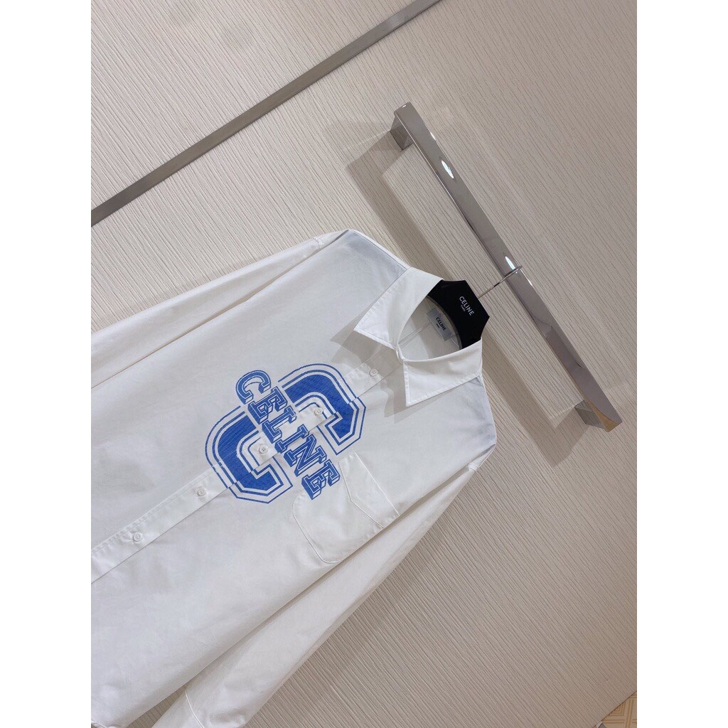 [ ZADOLA FASHION] Áo sơ mi chữ C xanh nữ đẹp kiểu form rộng tay dài hình thêu chất lụa cao cấp màu Trắng