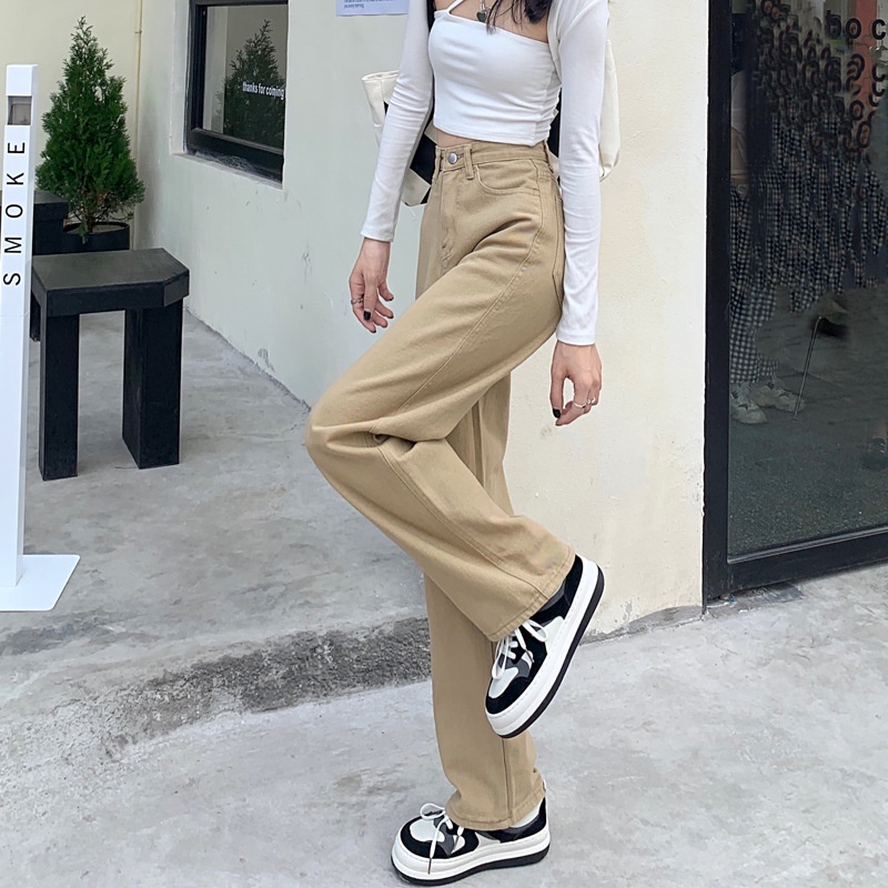 Quần ống rộng dáng suông nữ cạp cao, quần jean kaki ống đứng trơn màu nâu tây đủ size KUNNI95