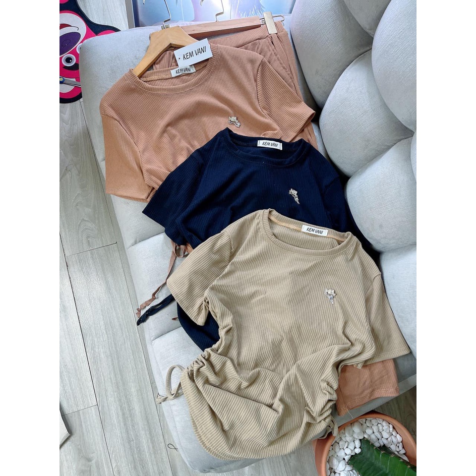Đồ bộ nữ, set đồ bộ quần legging đai cao có túi và áo ôm ngắn tay rút dây vải thun cotton gân, đồ mặc ở nhà