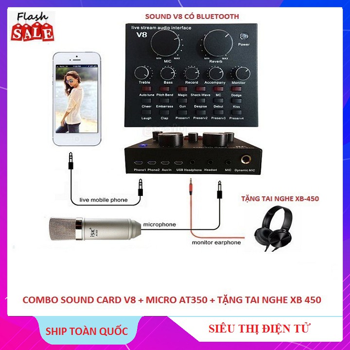 Combo Cả Bộ Gồm Soundcard V8 Bluetooth + Mic ISK AT350 Tặng Tai Nghe XB-450 Hát Karaoke Livetream