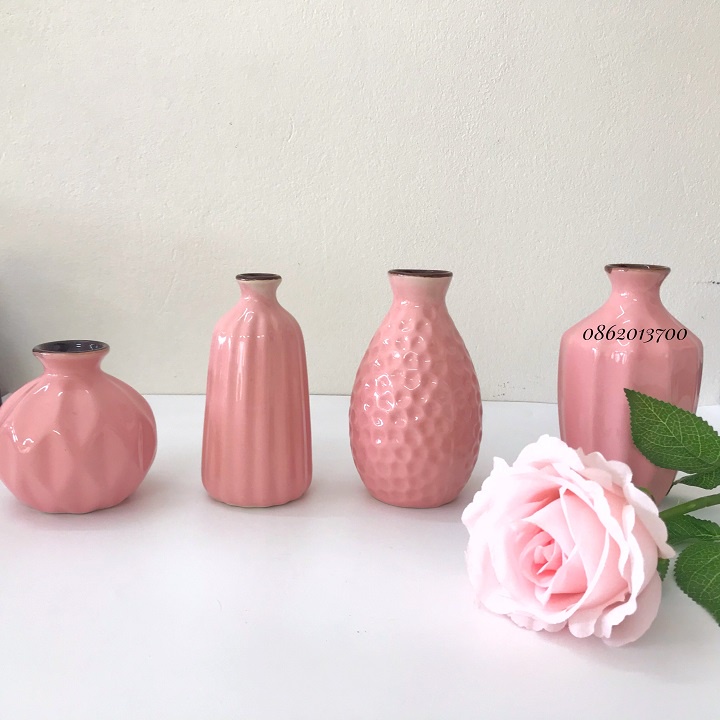 Bình cắm hoa Gốm sứ Bát Tràng mini tráng men màu hồng nhỏ gọn, decor xinh xắn