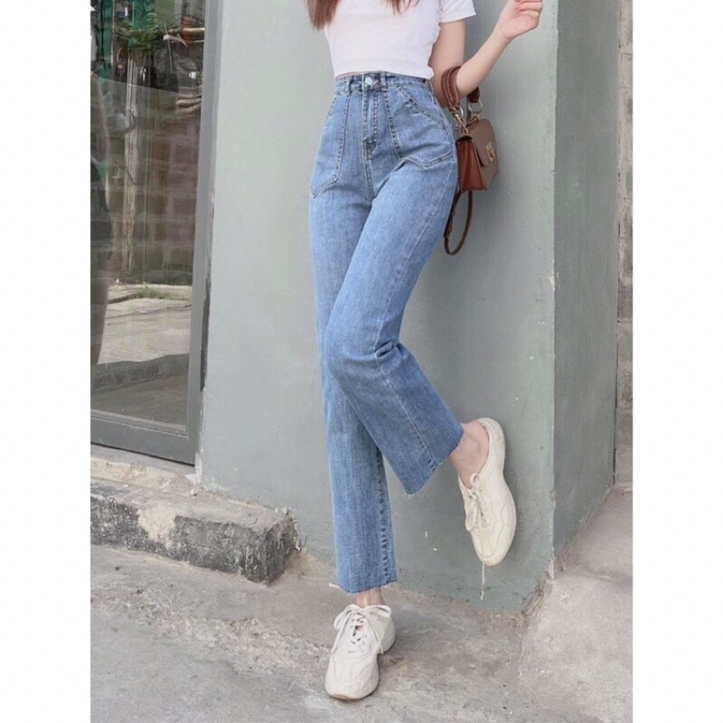 Quần bò jean nữ cạp cao ống đứng rộng suông loe co giãn vải Quảng Châu chuẩn đẹp dầy dặn mặc không bai