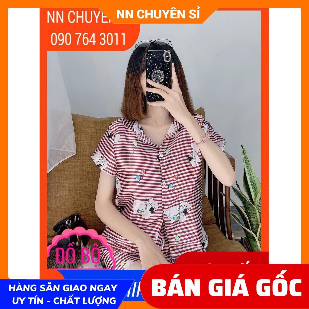 Đồ bộ nữ mặc nhà cổ pijama chất phi bóng mềm mịn mát in hình heo in hình hello kitty in hoạt hình dễ thương