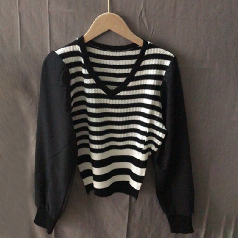 Áo Cotton Dệt Kim Tay Dài Cổ Chữ V Xinh Xắn Chất Lượng Dành Cho Nữ