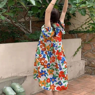 Đầm tay phồng dáng rộng in họa tiết vintage dễ thương phong cách Pháp