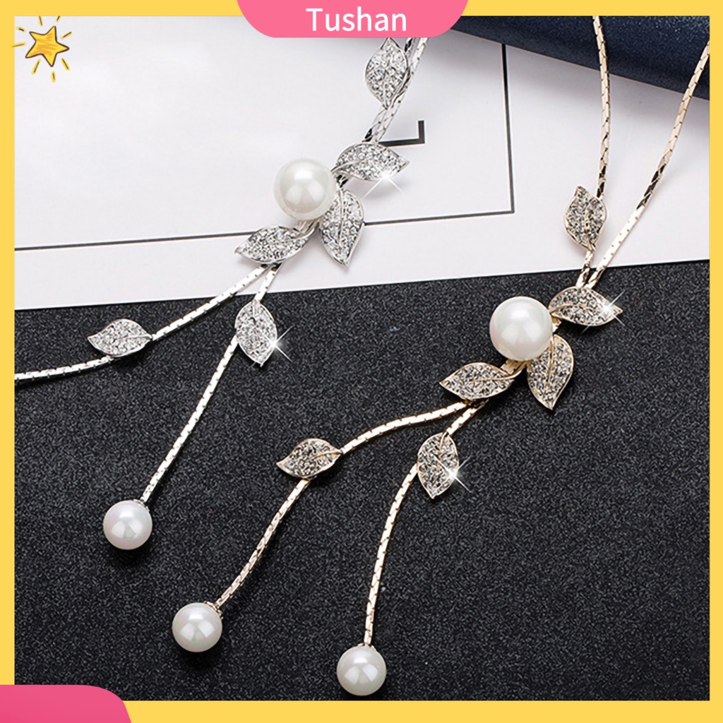 Dây chuyền mặt họa tiết lá phối ngọc trai tua rua dáng dài cho nữ