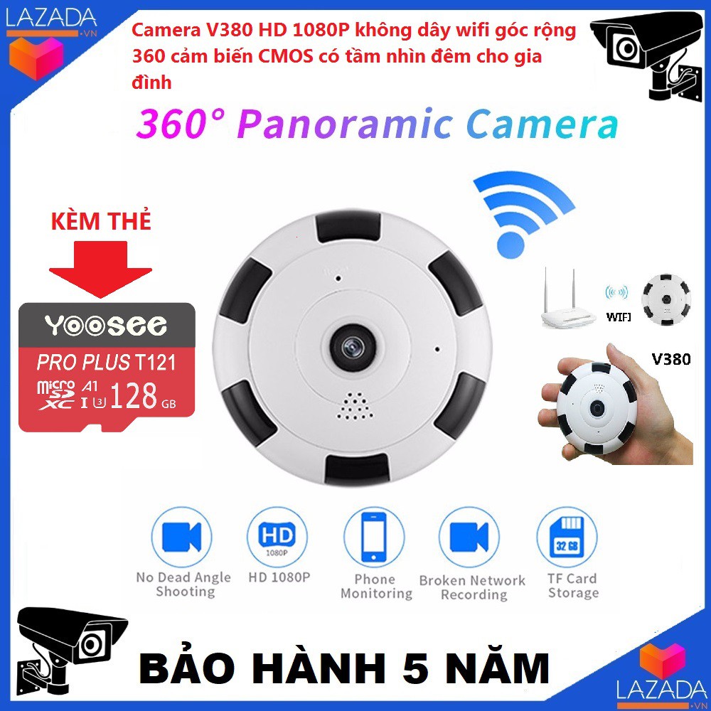 Camera V380 HD 1080P không dây wifi góc rộng 360 cảm biến CMOS có tầm nhìn đêm cho gia đình Xem toàn cảnh 3D,không dây,