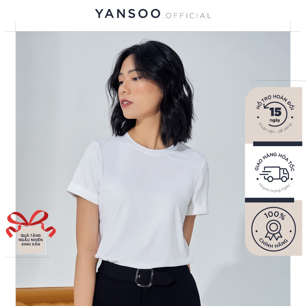 Áo phông nữ Yansoo cộc tay gập gấu kiểu thun form rộng vải cotton màu trắng đen đẹp phong cách năng động A68