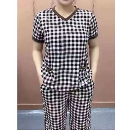 [FREE SHIP] Đồ bộ nữ mặc nhà trung niên, Quần dài áo tay lỡ vải kẻ caro thời trang