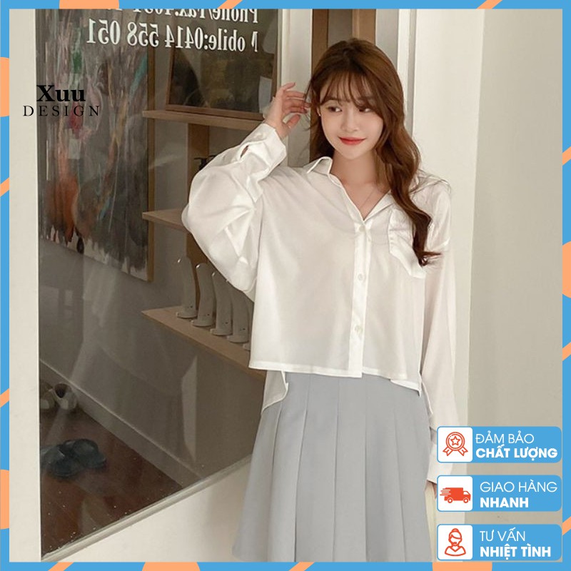 Áo sơ mi nữ dài tay Xuu Design, Áo croptop trắng dài tay form rộng túi ngực chất vải mềm mát ít nhăn SK01